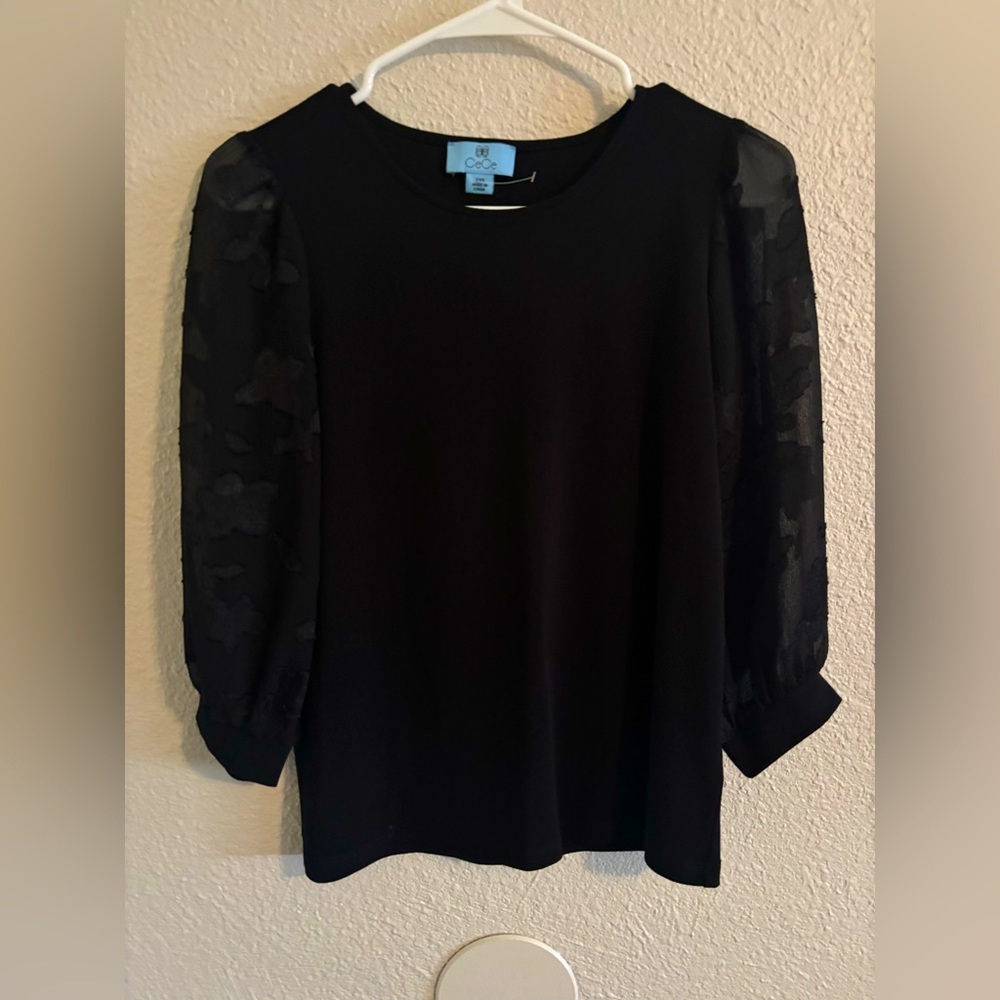 CeCe Black Blouse with Sheer Sleeves